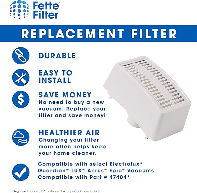 Fette Filter - HEPA Vacuum Air Filter Compatible with Electrolux Guardian LUX Aerus Epic 8000 9000 C134A C134B C134C C134D C134E C134F C154A C154B C154C C154D. Compare to Part # 47404 - Pack of 2