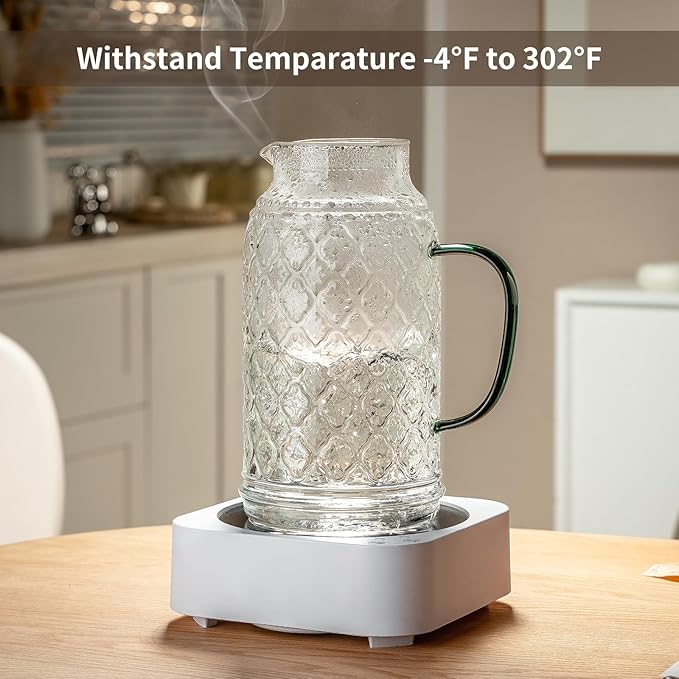Glass Pitcher with Lid, 2 PACK 68 oz/2 Liter Vintage Water Pitcher, Clear Borosilicate Glass Water Carafe for Cold Brew, Coffee, Lemonade, Iced Sun Tea,Beverage, Milk, Heat Resistant