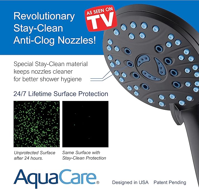Hotel Spa AquaCare As-Seen-On-TV High Pressure Handheld & Rain 50-mode 3-way Shower Head Combo with Anti-clog Jets, 2-mode Tub & Pet Power Wash, Extra Wall Bracket, 6 ft. Hose, Matte Black