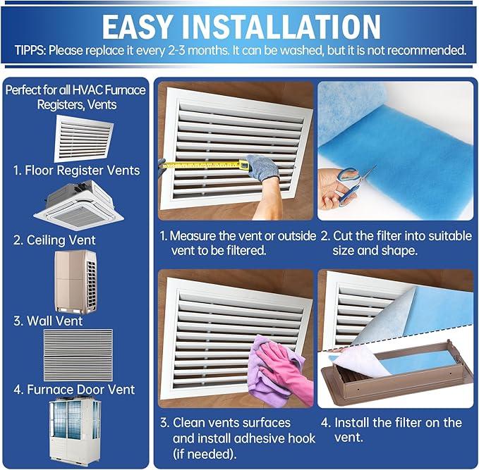 UBeesize Air Vent Filters, 120" x 12" Cut to Size Air Filter Material (50+ Filters), MERV 8 Triple Vent Filter Kit for Home Floor, Grilles, Ceiling, HVAC Furnace Vents, With 48PCs Adhesive Hook Tape