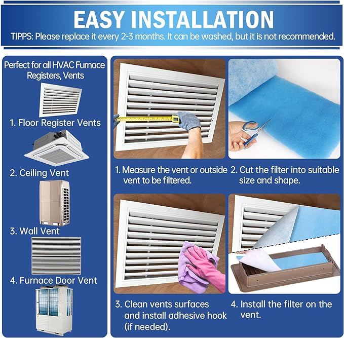 UBeesize Air Vent Filters, 140" x 12" Cut to Size Air Filter Material (60+ Filters), MERV 8 Triple Vent Filter Kit for Home Floor, Grilles, Ceiling, HVAC Furnace Vents, With 48PCs Adhesive Hook Tape