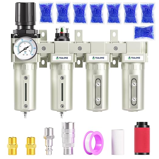 TAILONZ PNEUMATIC 0-240PSI 1/2 Inch NPT Industrial Grade 4 Stage Air Drying System, Particulate Filter, Coalescing Filter, Double Desiccant Dryer and Air Regulator (Manual Drainage)