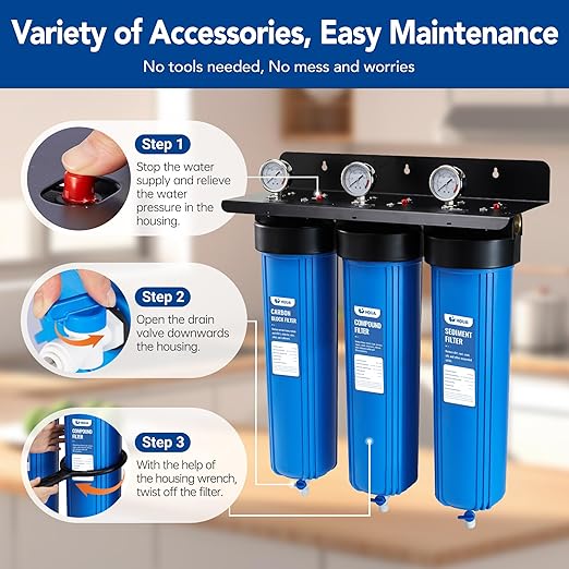 HQUA WF3-01 3-Stage Whole House Water Filtration System, Reduces Heavy Metals (Lead, Mercury, Copper, Nickel, Chromium), Chloramine, Sediment, Odor, and VOC’s