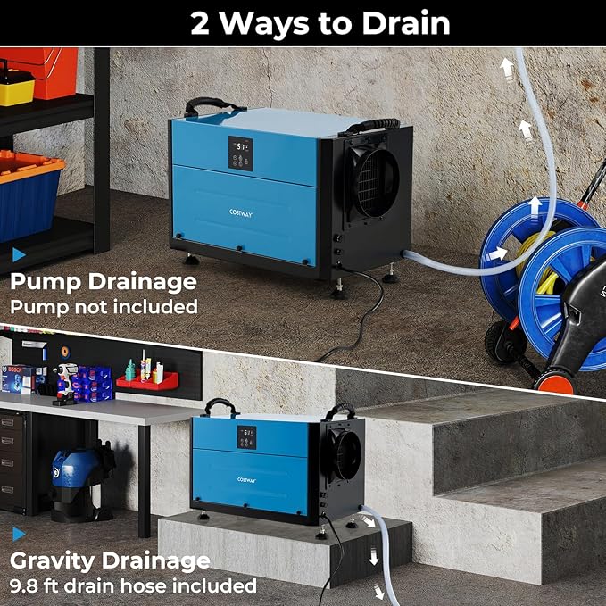 COSTWAY 155 PPD Commercial Dehumidifier, 1900 Sq.Ft Crawl Space Dehumidifier with 9.8 FT Drain Hose & Wired Remote Control Panel, Ideal for Basement, Warehouse (Blue)