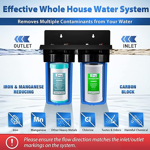 iSpring WGB21BM 2-Stage Whole House Water Filtration System, 10” x 4.5” Carbon Block and Iron & Manganese Reducing Filters, 1" Ports