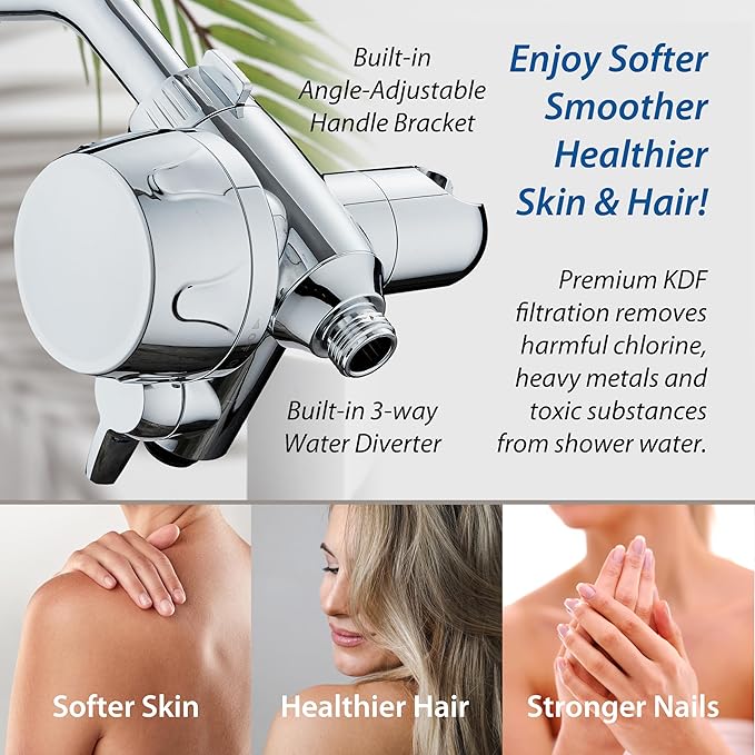 Skin & Hair - World's Most Advanced Shower Filter for Combos with ON/OFF Filtration Modes, Instant Cartridge Reload, Built-in Water Diverter, Stay-Clean Enriched KDF Cartridge/Chrome Finish