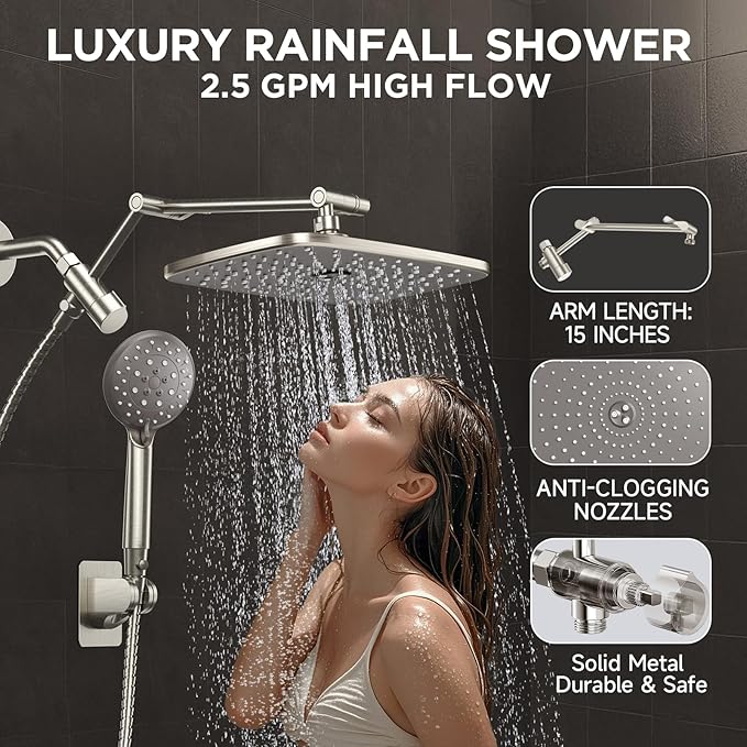 Veken Wide Brushed Nickel Rain Shower Head with Handheld, High Pressure Rainfall Showerhead Combo with Arm for Bathroom Accessories, Home Decor, Detachable Dual Shower with Multi Modes Handheld Spray