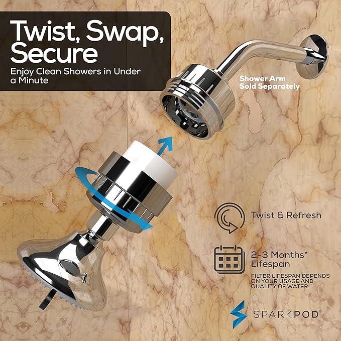 SparkPod 23-Stage Filtered Shower Head with 3 Spray Settings - High Pressure Shower Head with Filters for Dry Hair and Skin - Showerhead with Filter Reduces Chlorine & Heavy Metals (Polished Chrome)