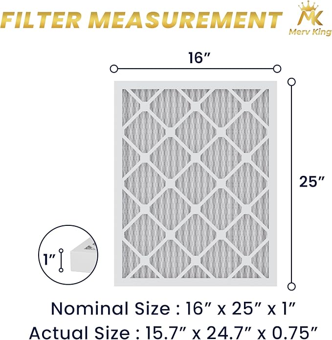 MervKing 16x25x1 Air Filter Actual Size: 15.7" x 24.7" x 0.75" MERV 8 MPR 600-700 | MADE IN USA | 6-Pack | Pleated HVAC AC Furnace Replacement