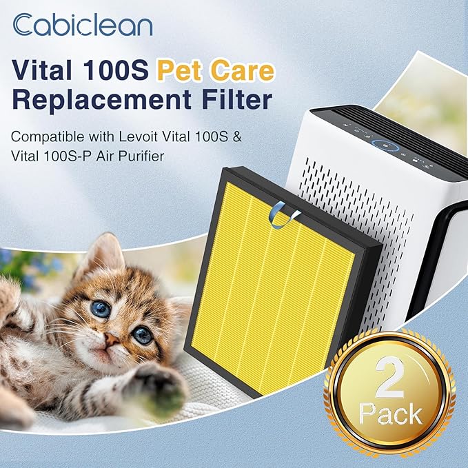2 Pack Vital 100S Pet Care Replacement Filter for LEVOIT Vital 100S and Vital 100S-P Air Purifier, 3-In-1 Filter, Efficiency Activated Carbon for Pets, Dust, Pollen, Vital 100S-RF-PA, Yellow