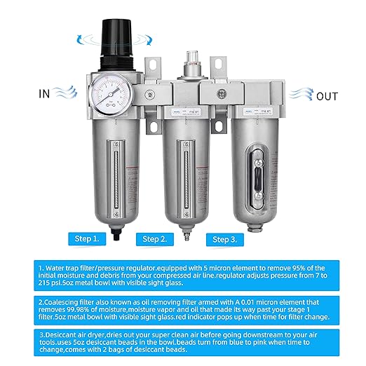 NANPU 3/4" NPT Industrial Grade 3 Stage Air Drying System - Particulate Filter, Coalescing Filter, Desiccant Dryer & Air Regulator, Metal Bowl, Auto Drain, Suitable for Paint Spray＆ Plasma Cutter