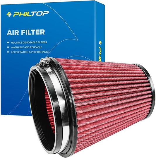 PHILTOP Universal Clamp-On Air Intake Filter, RU-1041,High Performance, Premium, Replacement Air Filter: Flange Diameter: 6 In, Filter Height: 7.5 In, Flange Length: 1 In, Shape: Round Tapered