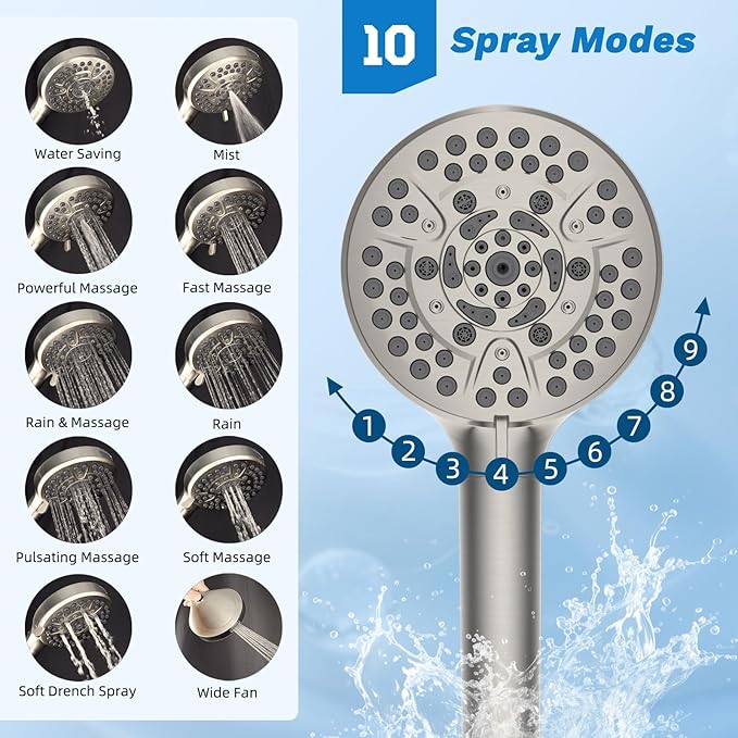 Hibbent Dual Filter All Metal 10"Rainfall Showerhead Combo, High Pressure Filter Shower Head with 10-Spray Mode Handheld, 4-way Diverter with Pause Mode, 71'' Shower Hose and Holder, Brushed Nickel