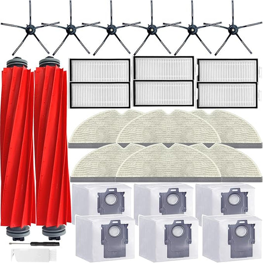 Q7 Replacement Parts Compatible with Roborock Q7 Q7+ Q7 Max Q7 Max+ Robot Vacuum Cleaner,2 Main Brush, 6 Mop Cloth Pads, 6 Side Brushes, 6 HEPA Filters,6 Dust Bag