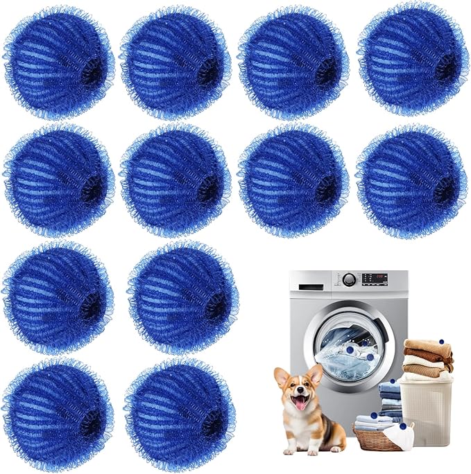 12Pcs Pet Hair Remover for Laundry, Reusable Dog & Cat Hair Lint Remover for Laundry, Laundry Pet Hair Catcher for Washing Machine Clothe Bedding Laundry Hair (Blue)