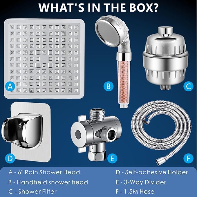 Voolan Filtered Shower Head Set, High Pressure Rain Shower with Handheld Showerhead Combo, Self-adhesive Holder/59" Hose, 20 Stage Filter Removes Chlorine and Harmful Substances (Square,Chrome)