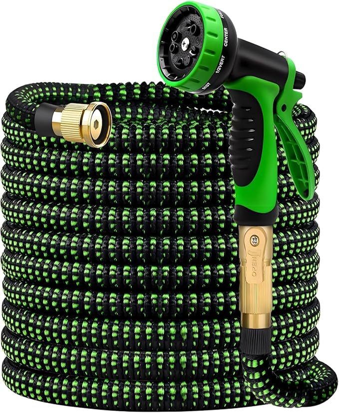 100FT Expandable Garden Hose - with 10-Function Spray Nozzle - Lightweight, Flexible, 3/4" Solid Brass Fittings-Green