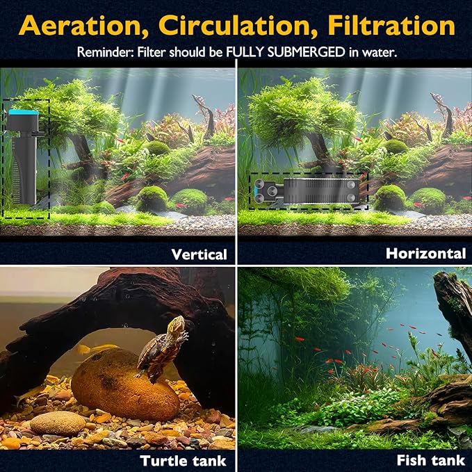 Aquarium Filter with Aeration & Rainfall Mode, U - V Fish Tank Filter with Timer (3/6/12/24 Hours) for Green Water Cleaning, Turtle Tank Filter with Efficient Filter Sponge (30-70Gal)