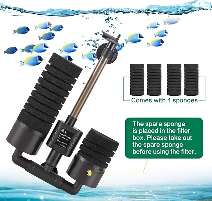 AQQA Aquarium Electric Power Sponge Filter,3W/5W Silence Submersible Foam Filter,Sponges Bio Ceramic Media Balls Double Filter for Saltwater Freshwater Fish Tank (M)