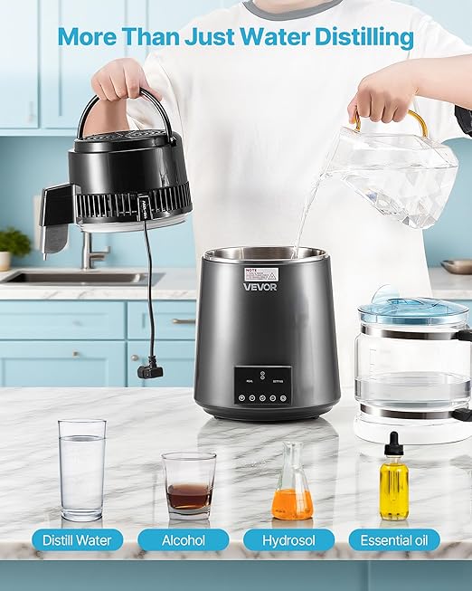 VEVOR Water Distiller, 4L 1.1 Gallon Pure Water Purifier Filter for Home Table Countertop, 750W Distilled Maker with Glass Pot, Stainless Steel Interior Drinking Machine to Make Clean Waters, Grey