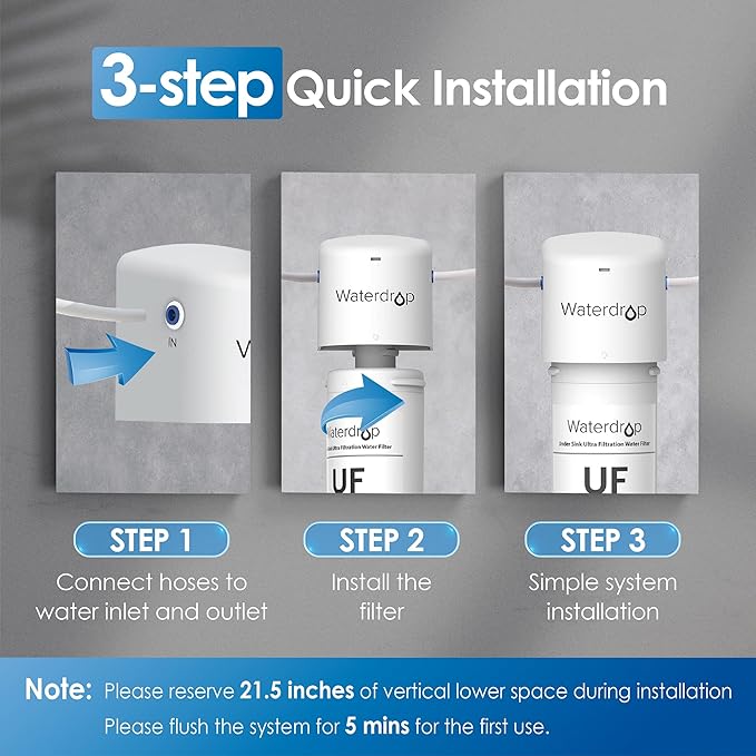 Waterdrop 17UBW-UF 0.01 μm Ultra Filtration Under Sink Water Filter System for Baçtёria Reduction, Reduces Lead, Chlorine, Bad Taste & Odor, 24K Gallons, with Dedicated Brushed Nickel Faucet, USA Tech