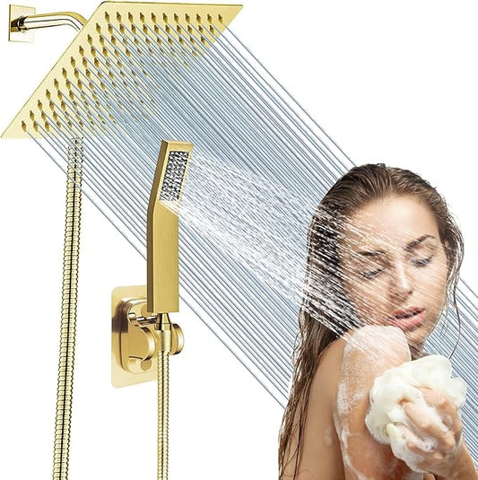 High Pressure Square Rain Gold Shower Head and Handle Shower Set.Equipped with 78" Stainless Steel Shower Hose, 3 Way Diverter Valve, Adhesive Shower Head Holder (Rainfall Shower Head Set AWAXFOLO)