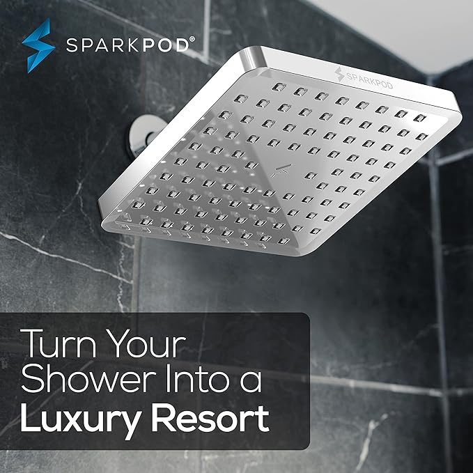 SparkPod Shower Head - High Pressure Rain - Premium Quality Luxury Design - 1-Min Install - Easy Clean Adjustable Replacement for Your Bathroom Shower Heads (Luxury Polished Chrome, 8 Inch Square)