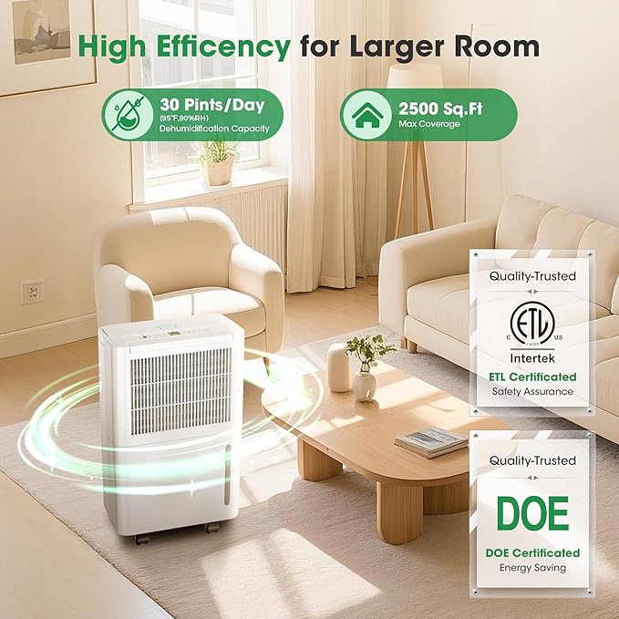 2,500 Sq.Ft Dehumidifier with Drain Hose, 30 Pints Dehumidifiers for Basement Bedroom Bathroom Large Room Home – Smart Humidity Control, 3 Modes, Dry Clothes, 24H-Timer, Auto Defrost