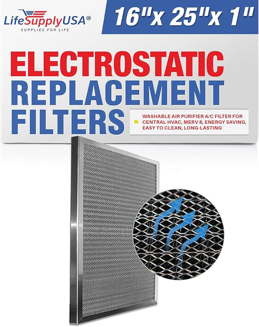 16x25x1 Electrostatic Air Filter, MERV 8, Washable, Reusable Furnace AC/HVAC Filter, Energy Saving, Easy to Clean, Long-Lasting by LifeSupplyUSA
