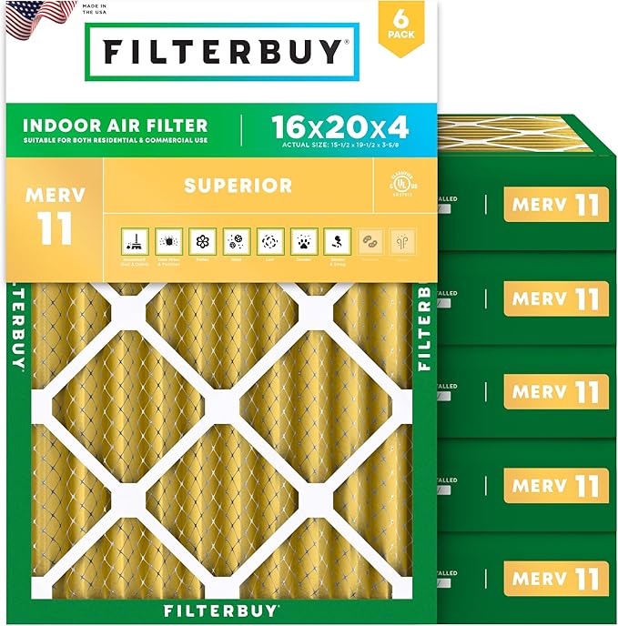 Filterbuy 16x20x4 Air Filter MERV 11 (MPR 1200) Allergen Defense Replacement (6-Pack), Electrostatic Pleated HVAC AC Furnace Filters, Made in USA (Actual Size: 15.50 x 19.50 x 3.63)