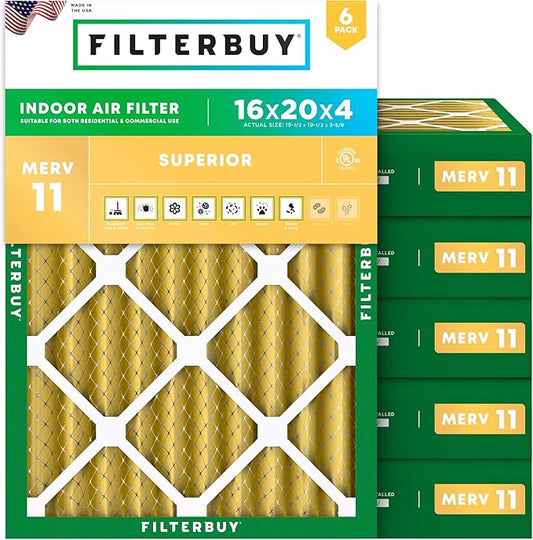 Filterbuy 16x20x4 Air Filter MERV 11 (MPR 1200) Allergen Defense Replacement (6-Pack), Electrostatic Pleated HVAC AC Furnace Filters, Made in USA (Actual Size: 15.50 x 19.50 x 3.63)