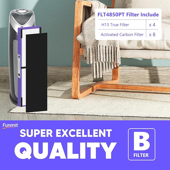 FLT4850PT Filter B Pet Replacement Compatible with G-Guardian AC4825, AC4300, AC4900, AC4825DLX, AC4850, CDAP4500 Air Purifier, 4 H13 Filters + 8 Activated Carbon Pre-Filters, Purple