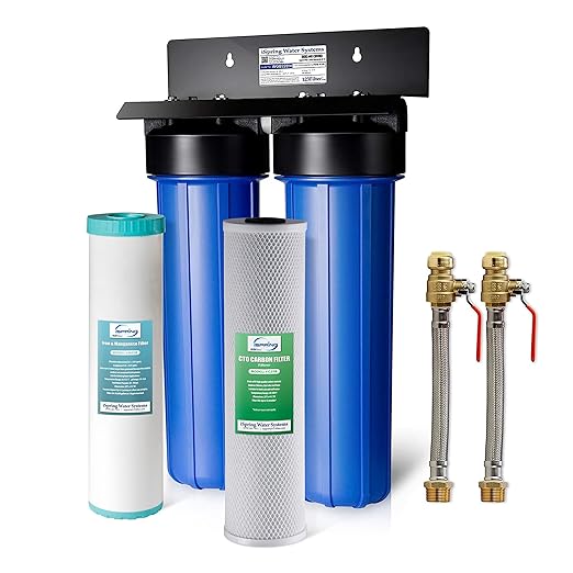 iSpring WGB22BM+AHPF12MNPT16X2 2-Stage Whole House Water Filtration System with 20” x 4.5” Carbon Block and Iron & Manganese Reducing Filters and 3/4" Push-fit Stainless Steel Hose Connectors, Blue