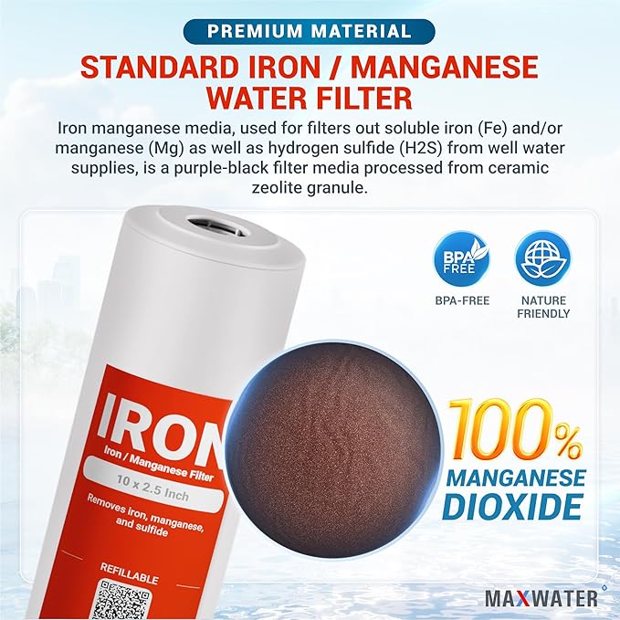 Max Water Whole House Iron Manganese Replacement Set, Heavy Duty - Standard Whole House Systems 10" x 2.5" Good for Iron, Manganese Reduction (Pack of 3)