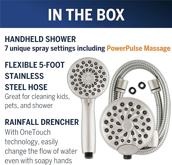 Waterpik One-Touch Dual 2-in-1 Shower System With Rain Shower Head and 7-Mode Hand Held Shower Head, Brushed Nickel XPB-139E-769ME