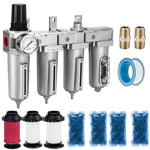 NANPU 1/2" NPT Industrial Grade 4 Stage Air Drying System - Double Particulate Filters, Coalescing Filter, Desiccant Dryer & Air Regulator, Metal Bowl, Manual Drain, for Paint Spray＆ Plasma Cutter