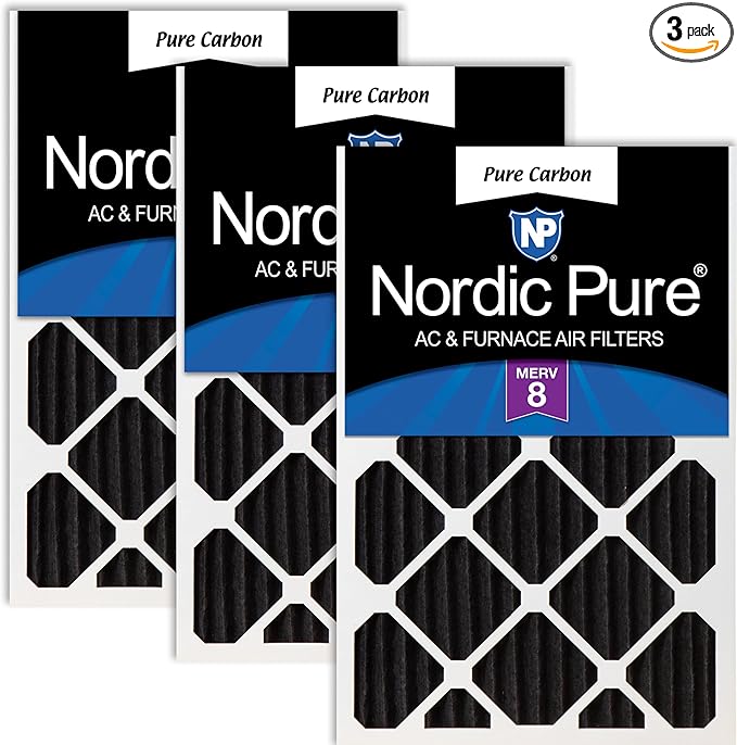 Nordic Pure 14x25x2 (Actual Size: 13 1/2 x 24 1/2 x 1 3/4) Pure Carbon Pleated Odor Reduction Merv 8 Furnace Filters 3 Pack