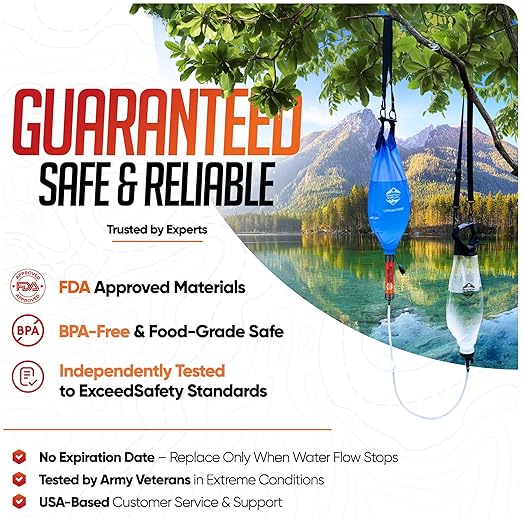 Gravity Water Filtration System – 2 High Capacity Lightweight Hanging Bags for Backpacking, Camping, Survival, Hiking, Hunting - Dirty, Clean Water Bags, Water Filter and Cleaning Plunger Included