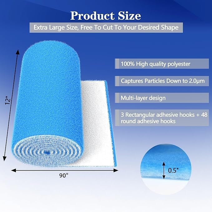 Air Vent Filters, 12"X90" Cut to Size Air Filter Material, MERV 8 Electrostatic Air Filter Roll, Blue & White Vent Filters for Home Floor, Rv Ac Vent, Ceiling, Refrigeration, HVAC Furnace Vent, Etc