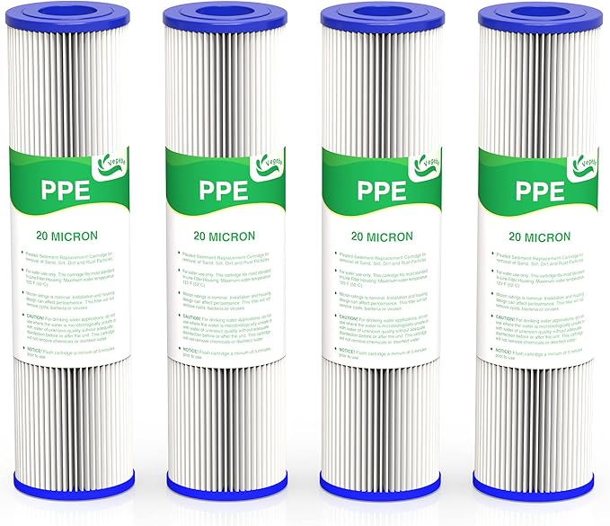 20 Micron Water Filter 10" x 2.5", 10-inch Whole House Sediment Pre-Filters for Well & Tap water, Replacement Cartridge for FXWPC, EQ-PFC35, ECP5-10, S1, 3WH-STDPL-F02, SPC-25-1005, 4-Pack