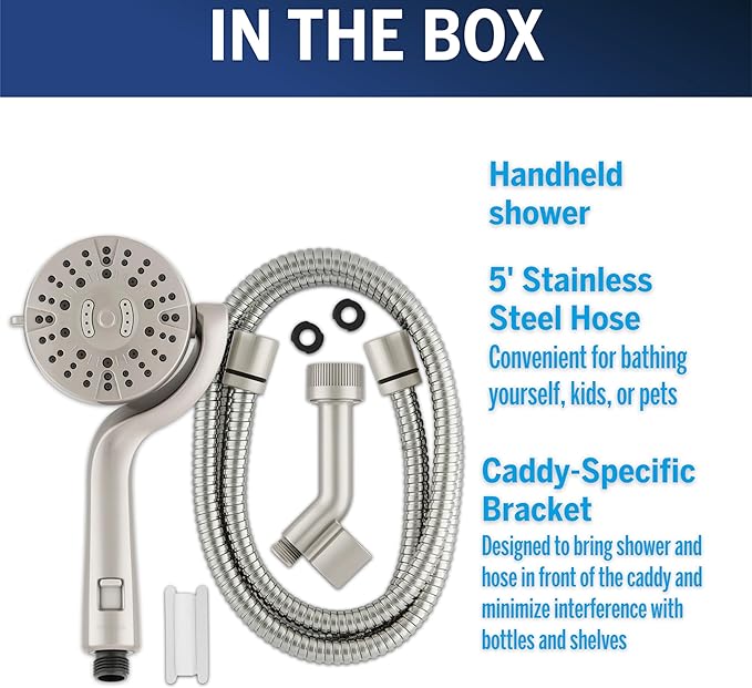 Waterpik Caddy Buddy Pivoting Hand Held Shower Head With 5-Foot Hose, 5-Mode with High Pressure Sprays, Brushed Nickel, PHO-559ME