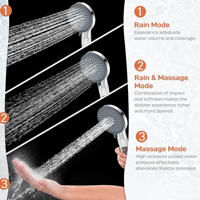YDmeet Filtered Handheld Showerhead with Shower Holder Set, 3-Mode Spray Setting, Long Metal Hose, Extra 6 Packs Replacement Mineral Balls for Refills, Chrome