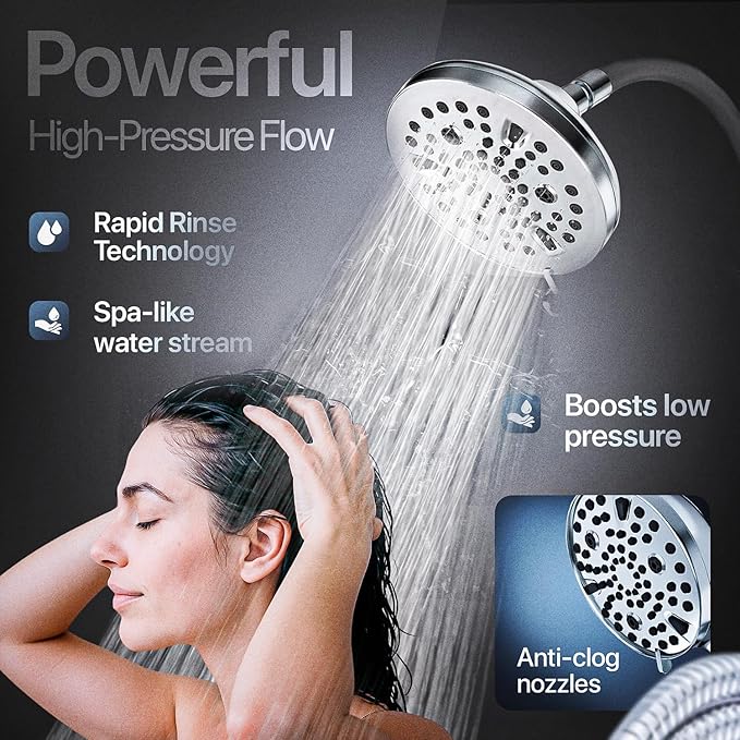 AQUAZEN® Dual Shower Head Combo | Adjustable Rainfall + Handheld Shower | 6 Spray Modes Each | Flexible Mount & Swivel Heads | 5ft Stainless Steel Hose | Premium Nickel Finish | Fits All US Showers