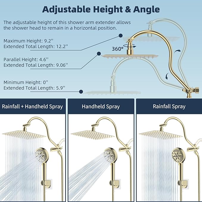 Hibbent All Metal Shower Head, 10'' High Pressure Rainfall Shower Head/Handheld Gold Showerhead Combo with 12'' Adjustable Shower Extension Arm, 10-Spray, 71'' Hose Showerhead Holder, Polished Brass