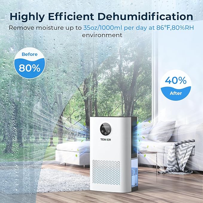 TENKER Dehumidifier for Home, 77 OZ Water Tank (1000 sq.ft) Dehumidifiers, Quiet Dehumidifier with Sleep Mode, Auto Shut Off, 7-Color LED Light for Closet Bedroom Bathroom Basement RV, White