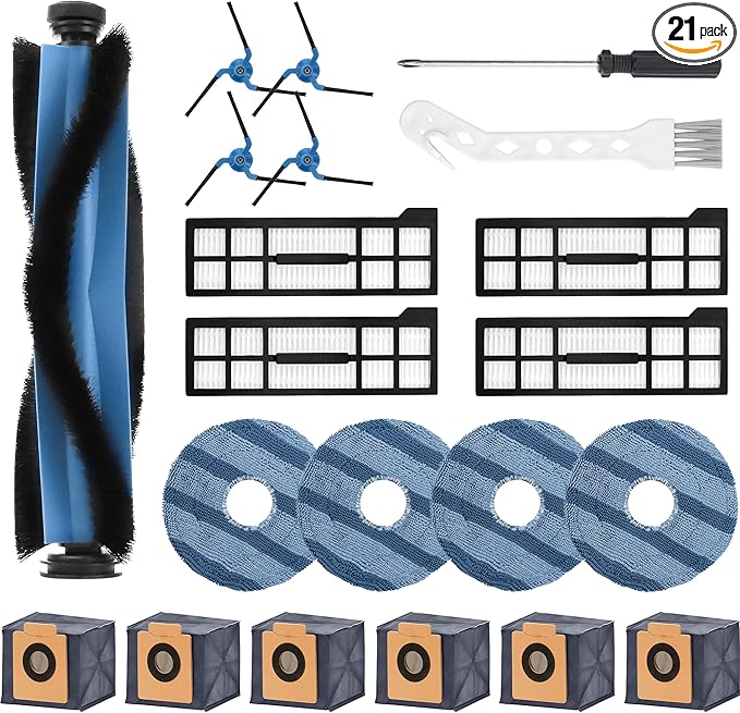 21 Pack X10 Pro omni Replacement Parts compatible with Eufy X10 Pro Omni Robot Vacuum Accessories, 1 Main Roller Brush, 6 Dust-Bags, 4 Side Brushes, 4 Mop Pad, 1 Cleaning Brush, 4 Filters LUXRILIX