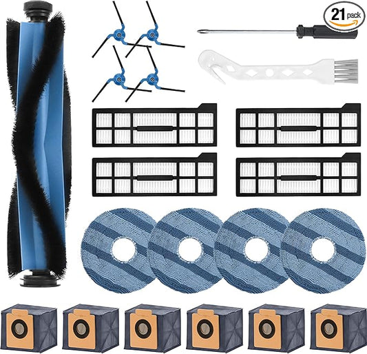 21 Pack X10 Pro omni Replacement Parts compatible with Eufy X10 Pro Omni Robot Vacuum Accessories, 1 Main Roller Brush, 6 Dust-Bags, 4 Side Brushes, 4 Mop Pad, 1 Cleaning Brush, 4 Filters LUXRILIX