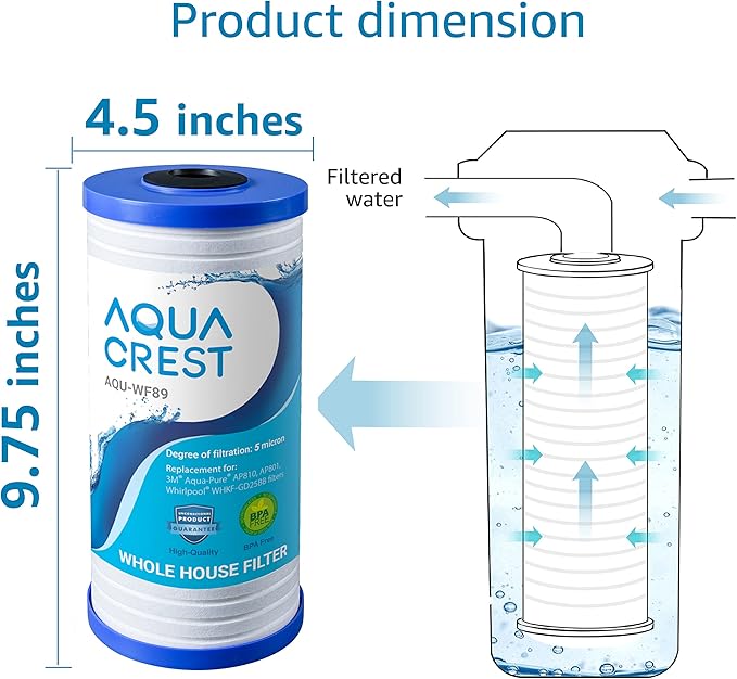 AQUA CREST AP810 Whole House Water Filter Replacement for 3M® Aqua-Pure AP810, AP801, AP811, Whirlpool® WHKF-GD25BB, WHKF-DWHBB, 5 Micron, 10" x 4.5", Well & Tap Water Filter, Pack of 3