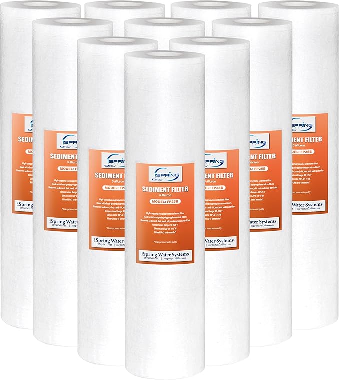 iSpring FP25BX10 20" x 4.5" 5-Micron Universal Sediment Filter Cartridges, Multi-Layer Gradient Design (10 Pack),White
