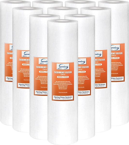iSpring FP25BX10 20" x 4.5" 5-Micron Universal Sediment Filter Cartridges, Multi-Layer Gradient Design (10 Pack),White